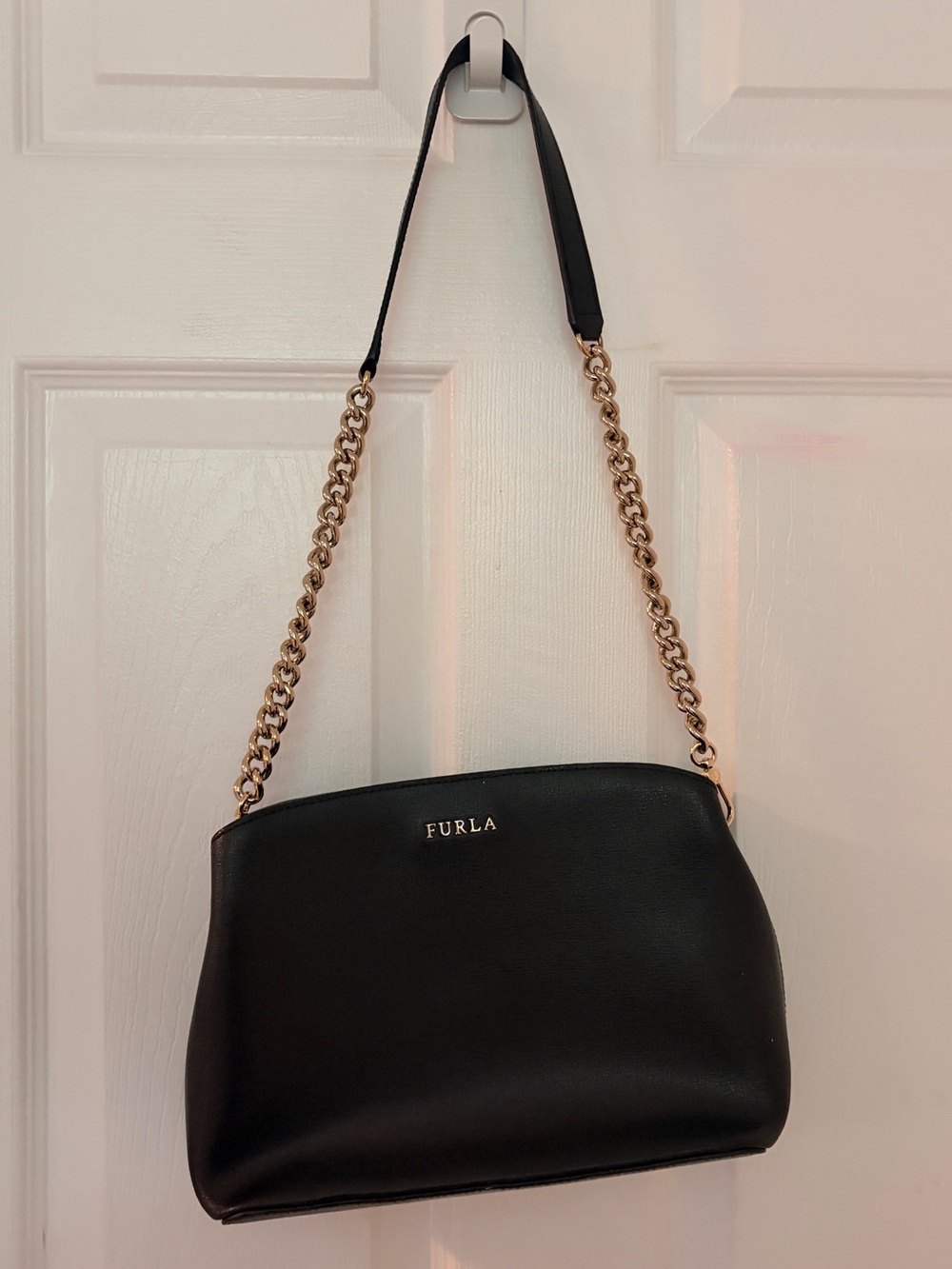 Furla Black Leather Shoulder Bag with Gold Chain Accent